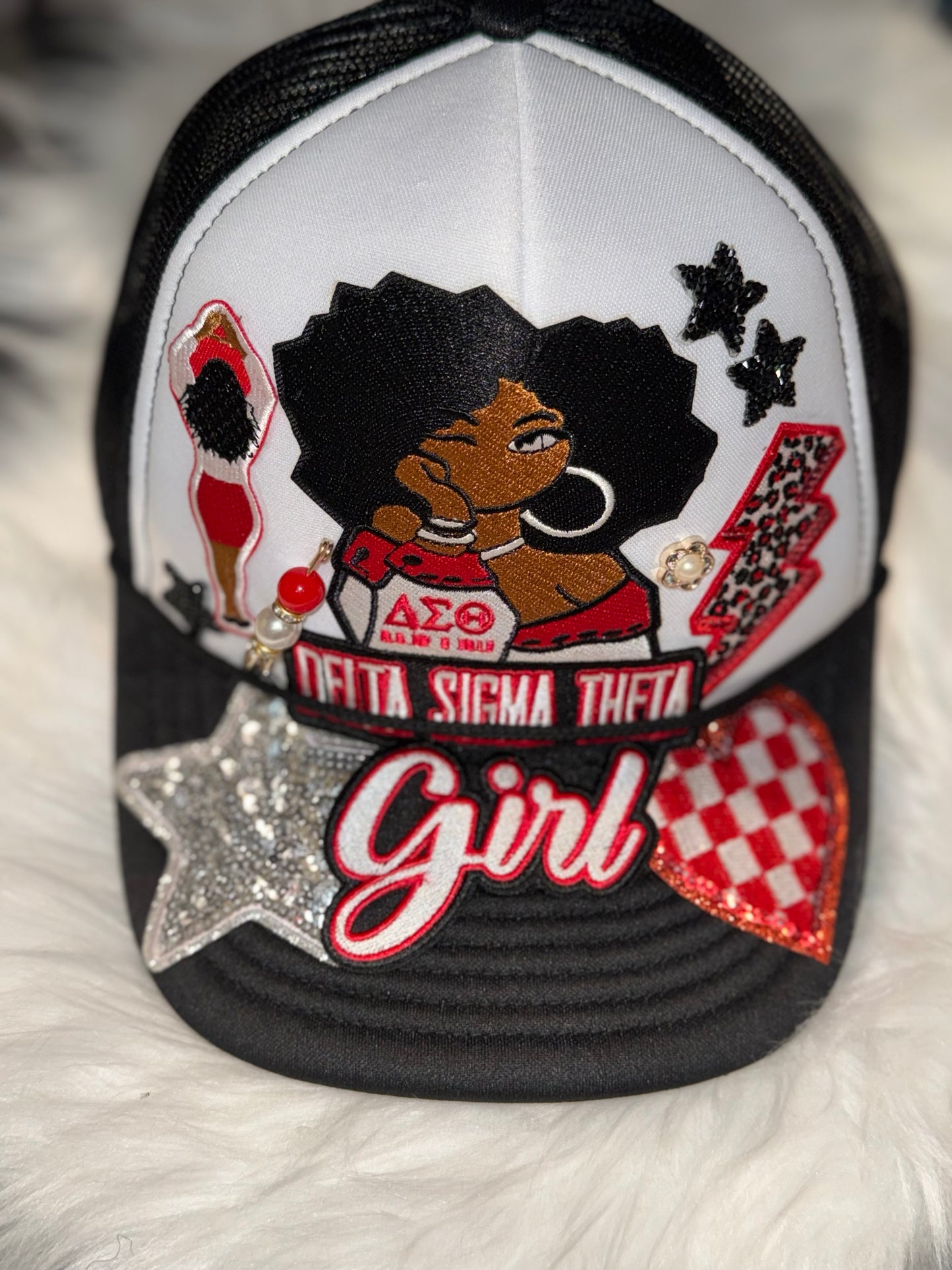 Delta Sigma Theta “Girl” Embellished Hat – Black & White Trucker Style