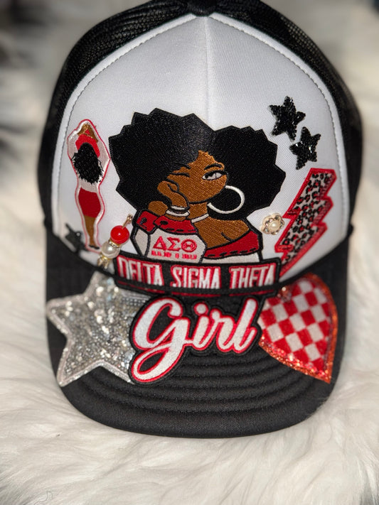 Delta Sigma Theta “Girl” Embellished Hat – Black & White Trucker Style