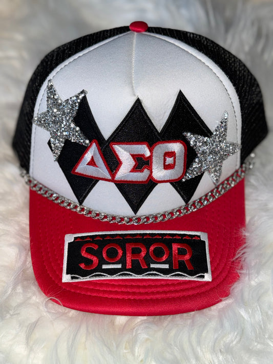 Delta Sigma Theta “SOROR” Embellished Hat – Red/White/Black Trucker Style