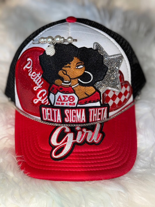 Delta Sigma Theta “Pretty Girl” Embellished Hat – Red/White/Black Trucker Style Hat