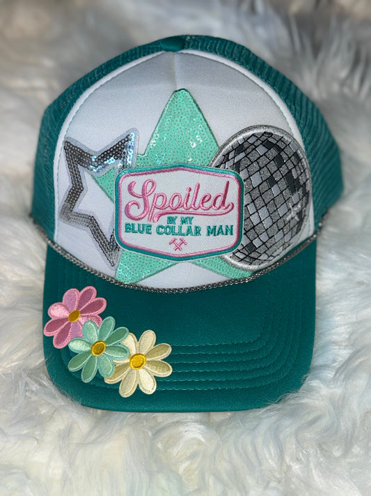 “Spoiled by My Blue Collar Man” Embellished Trucker Hat – Teal/White