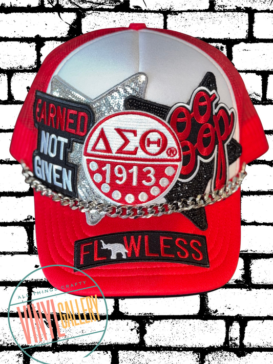 Delta Sigma Theta Inspired Statement Trucker Hat – “Earned Not Given / FLAWLESS”