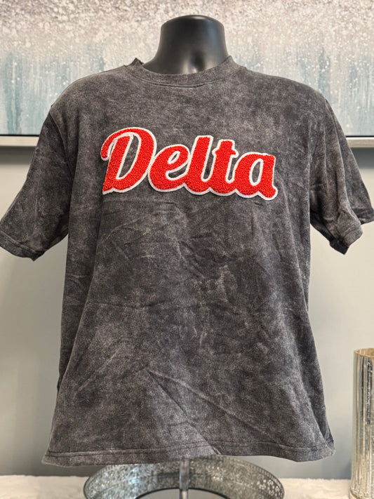 Delta Chenille Script Mineral-Wash Tee (Crimson/White)